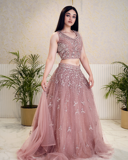Rose Pink Party Wear Crop Top Dupatta Set Designer Lehenga for