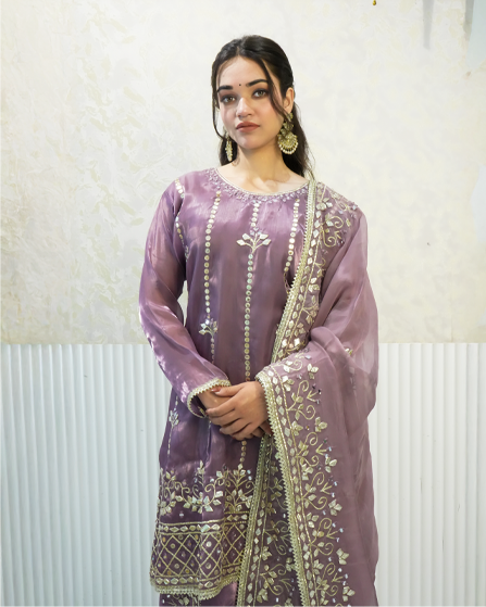 Designer Mauve Tulip Pants Suit Set with Embroidered Net Dupatta