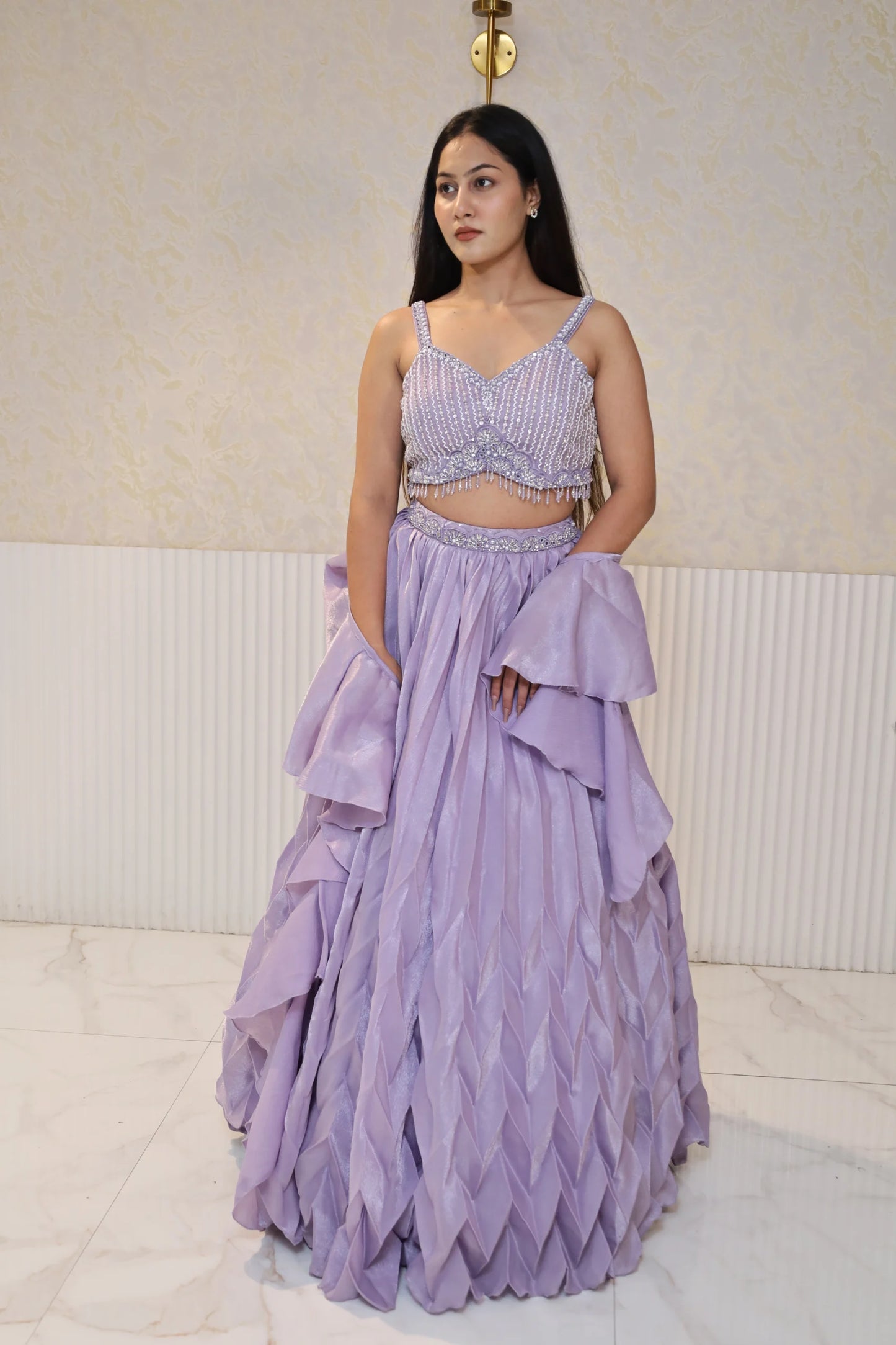 Elegance Purple Designer Crop Top With Skirt & Embellished Dupatta