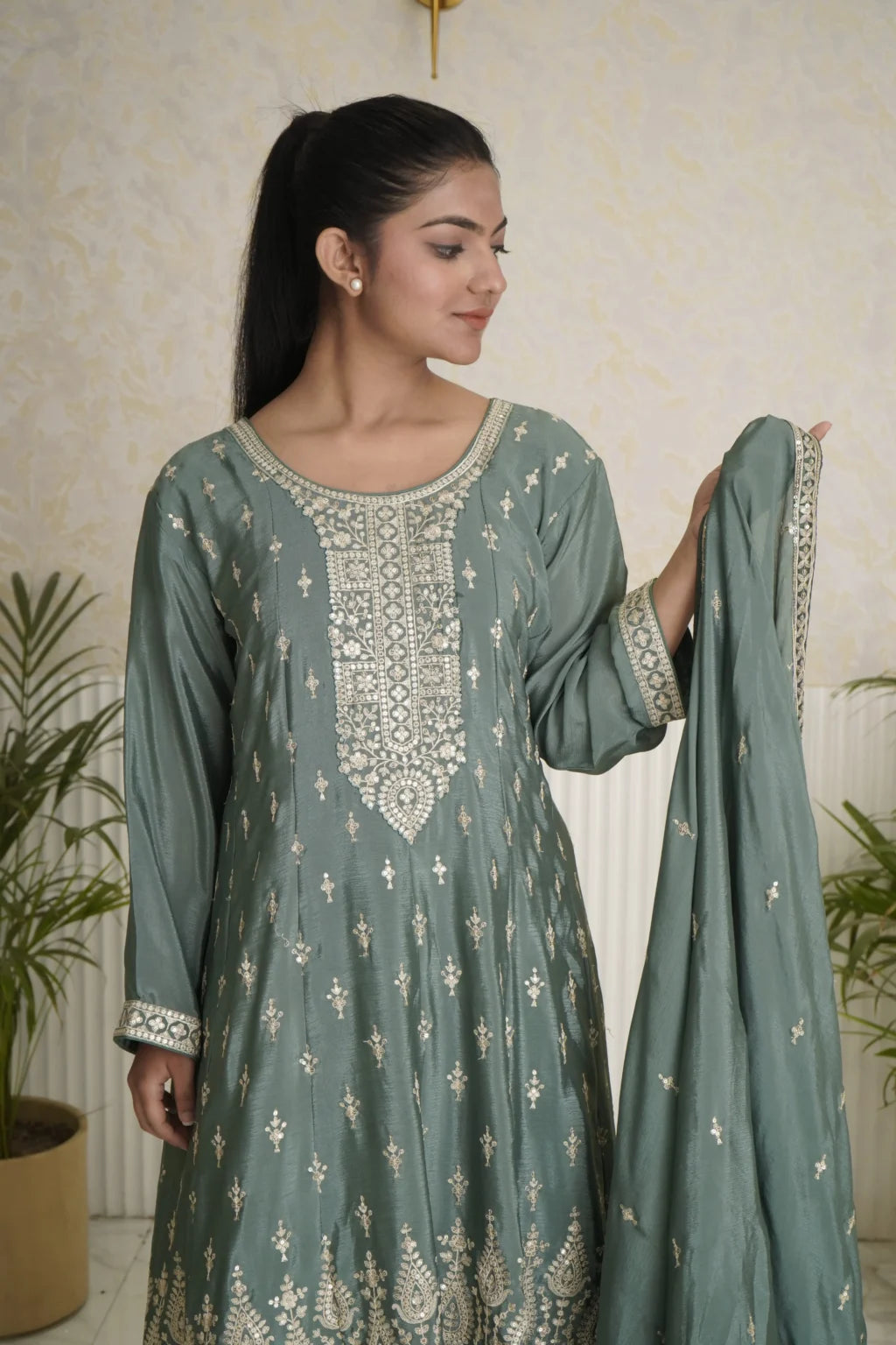 Elegant Light Green Straight Palazzo Suit