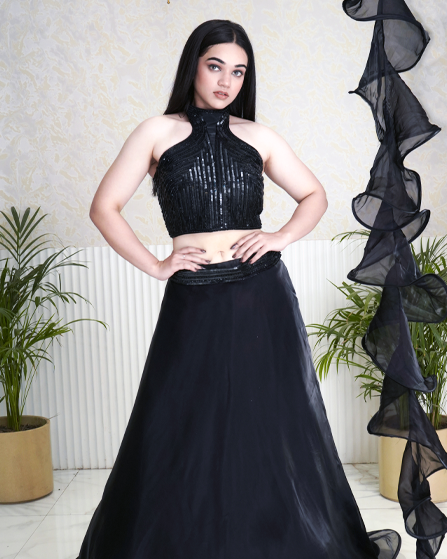 Modern Elegance Cocktail Dress with Frilled Dupatta