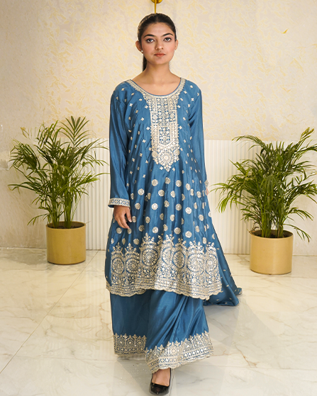 Elegant Light Blue Straight Palazzo Suit