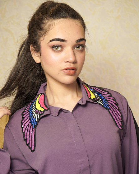Modern Purple Tunic with Unique Patch Collar