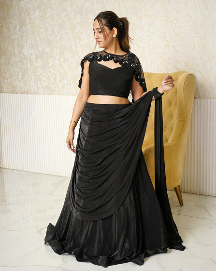 Elegant Black Stylish Crop Top Lehenga