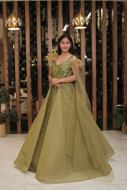 Trendy Olive Green Designer Net Gown