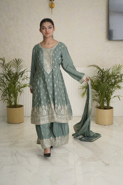 Elegant Light Green Straight Palazzo Suit