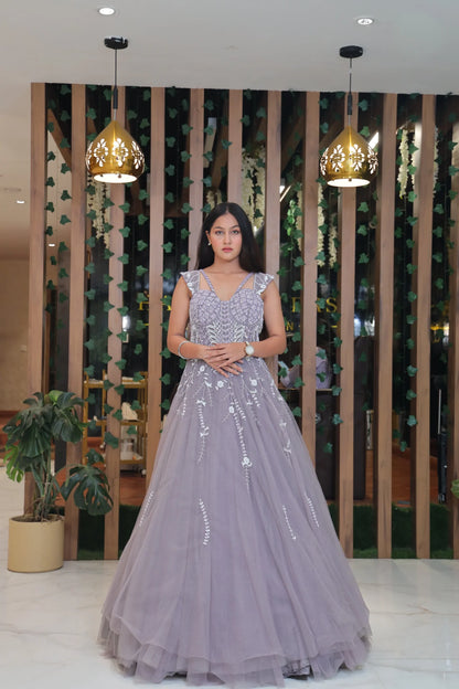 Cool Grey Hand Embroidered Ball Gown