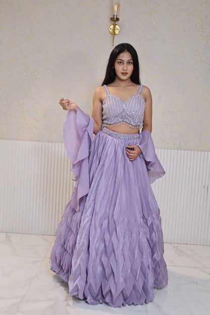 Elegance Purple Designer Crop Top With Skirt & Embellished Dupatta