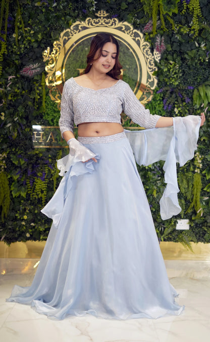 Sky Blue Designer Blouse with Glossy Organza Skirt & Ruffle Dupatta