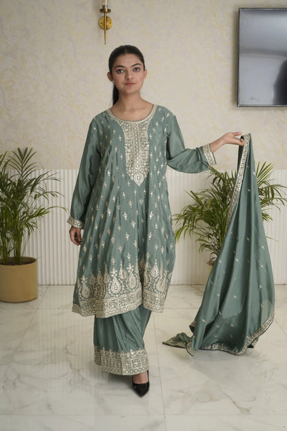 Elegant Light Green Straight Palazzo Suit