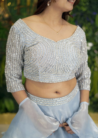 Sky Blue Designer Blouse with Glossy Organza Skirt & Ruffle Dupatta