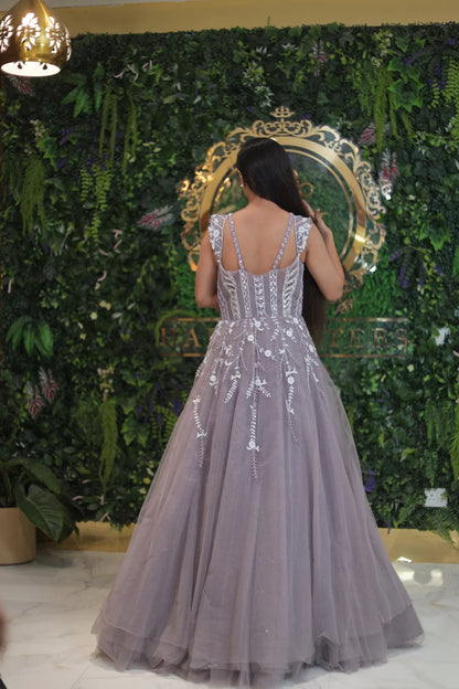 Cool Grey Hand Embroidered Ball Gown