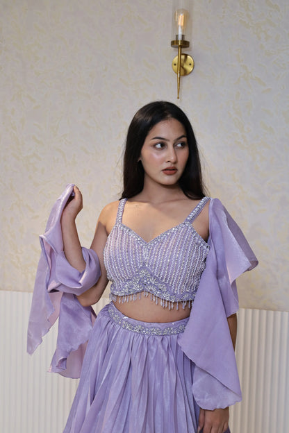 Elegance Purple Designer Crop Top With Skirt & Embellished Dupatta
