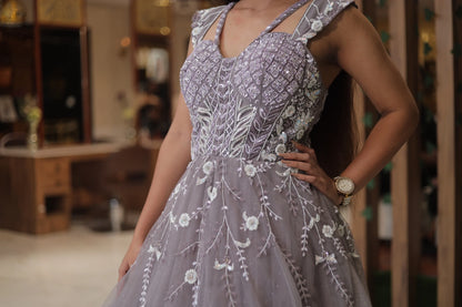 Cool Grey Hand Embroidered Ball Gown