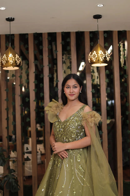 Trendy Olive Green Designer Net Gown