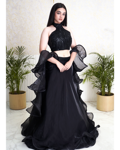 Modern Elegance Cocktail Dress with Frilled Dupatta