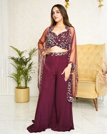 Elegant Wine-Colored Indo-Western Palazzo Set
