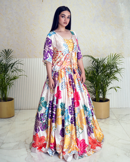 Vibrant Multicolor Flower Printed Half Shrug Style Modern Lehenga Dress
