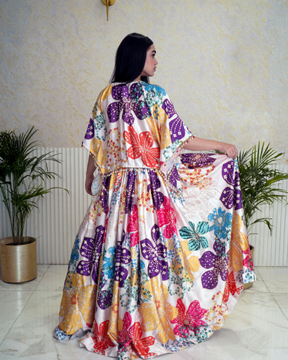 Vibrant Multicolor Flower Printed Half Shrug Style Modern Lehenga Dress
