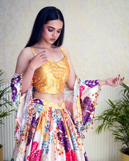 Vibrant Multicolor Flower Printed Half Shrug Style Modern Lehenga Dress