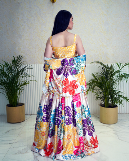 Vibrant Multicolor Flower Printed Half Shrug Style Modern Lehenga Dress