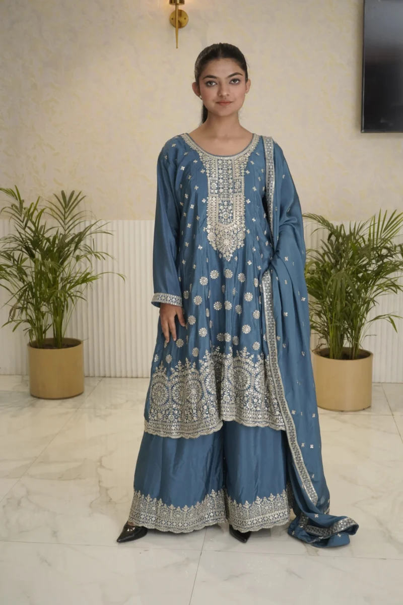 Elegant Light Blue Straight Palazzo Suit for womens